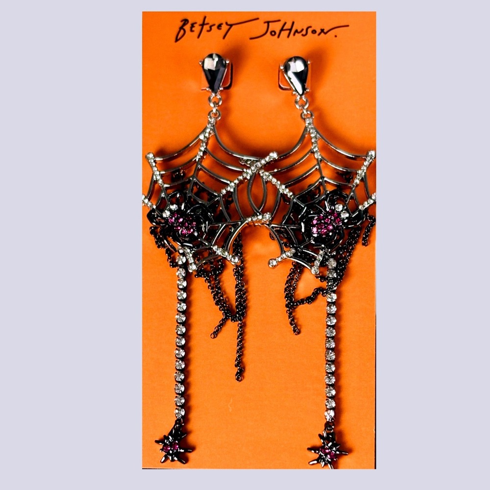Betsey Johnson Dark Magic Gothic Web & Spider Statement Crystal Dangle Earrings